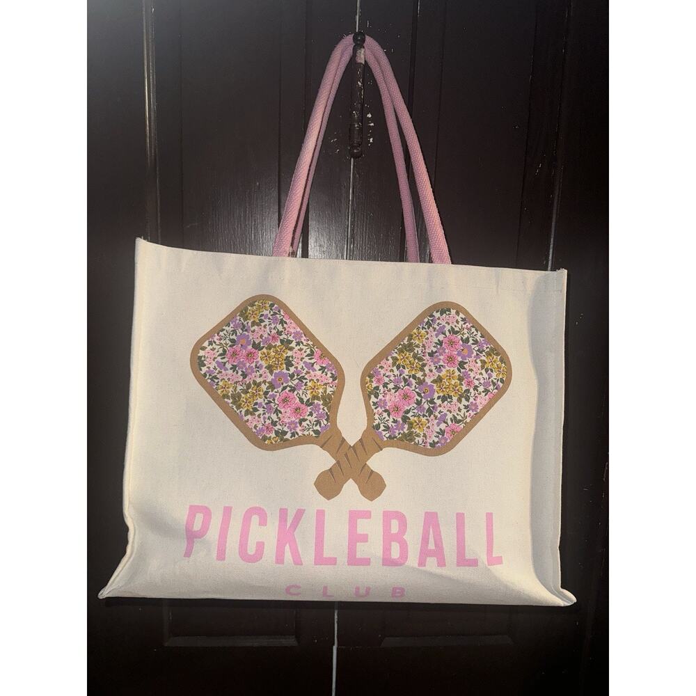 Pickleball Club XL Tote Floral Paddle Pink Lined Canvas Beach Pool Market New